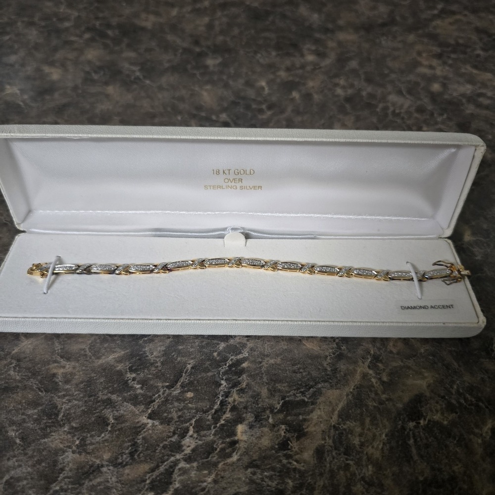 18K Gold Over Sterling Silver Diamond Accent Tennis Bracelet 7.5" Two-Tone